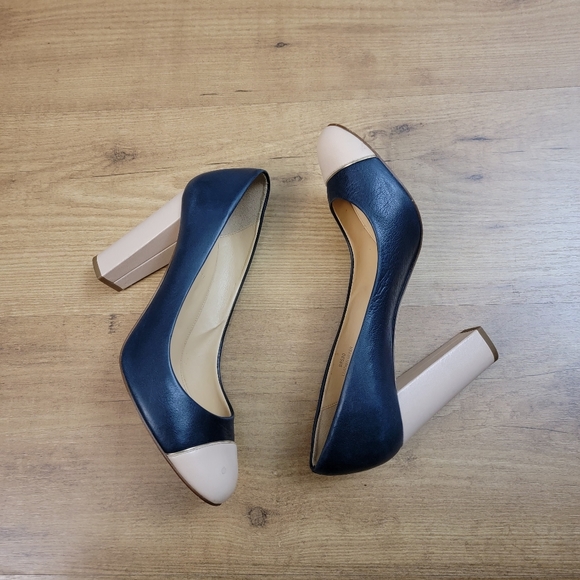 J. Crew Etta Cap Toe Navy and Beige Leather Pumps - Picture 3 of 14